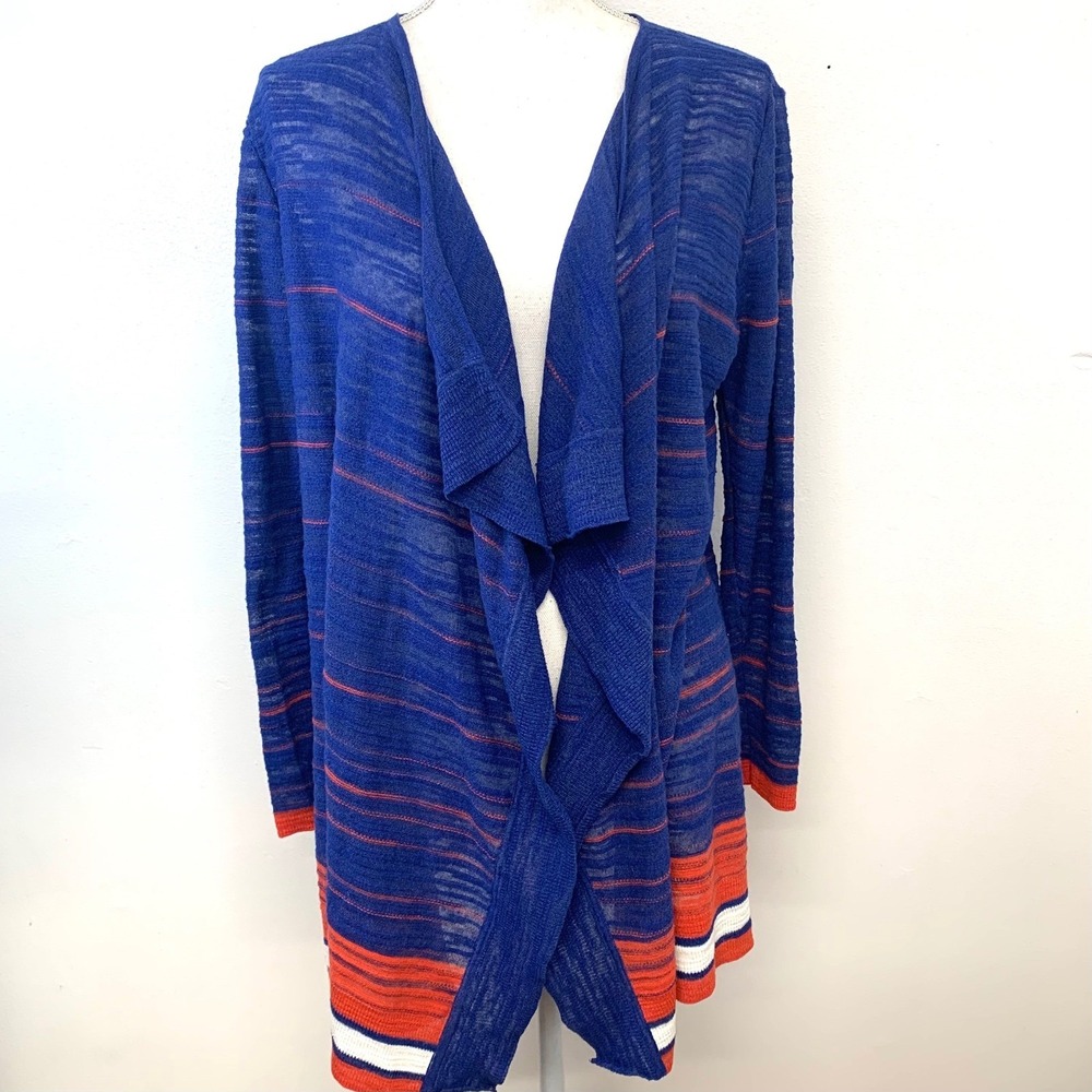 Tommy Hilfiger Open Blue Striped Knit Cardigan Woman Large Draped Lightweight